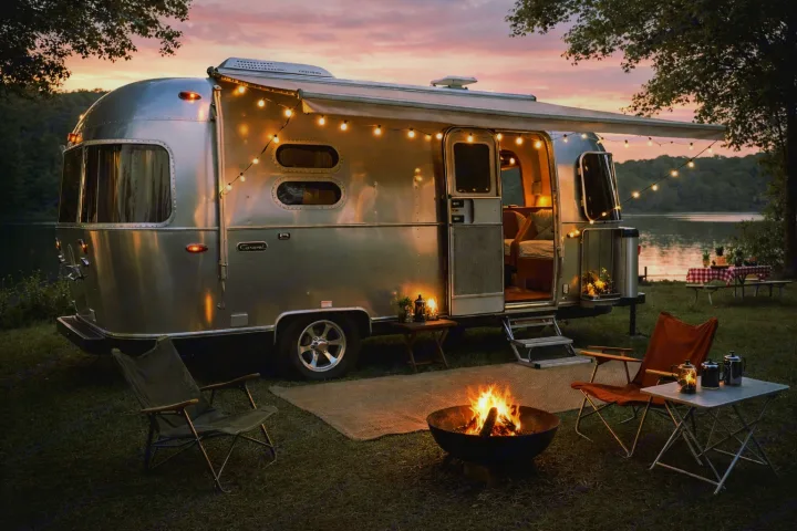 Cozy Airstream rv rental by a lake at sunset, lit by string lights and a campfire, offering a perfect camping escape.. Airstream Caraval 2021