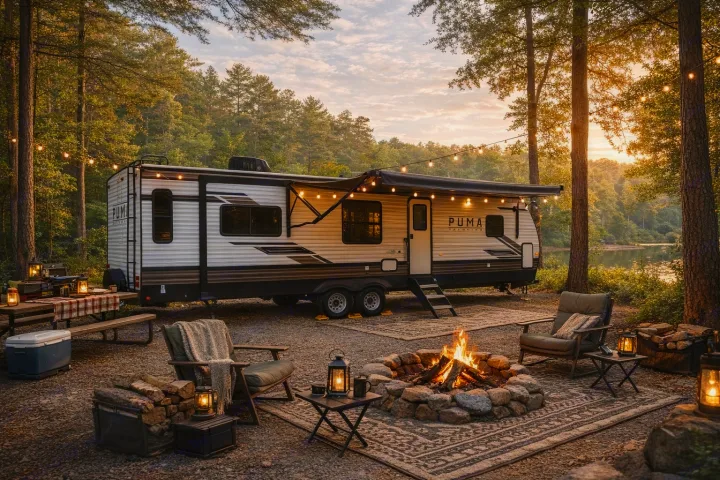 Your perfect **rv rental** getaway: A spacious RV, glowing campfire, chairs, and string lights illuminate a serene lake campsite at dusk.. Forest River Puma 2023