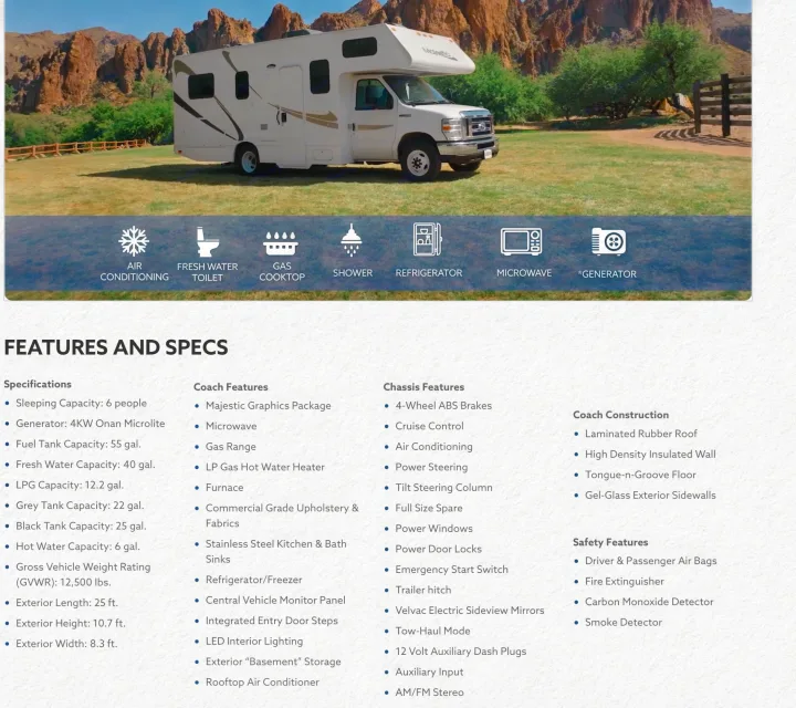 This white rv rental, parked in a scenic mountain setting, offers comprehensive amenities and specs. Details below image.. Thor Majestic 2018