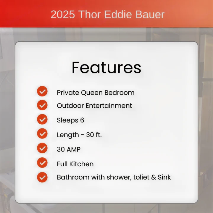Features of the 2025 Thor Eddie Bauer RV rental are listed: Queen bedroom, sleeps 6, 30 ft, full kitchen, bathroom.. Thor Eddie Bauer 2025