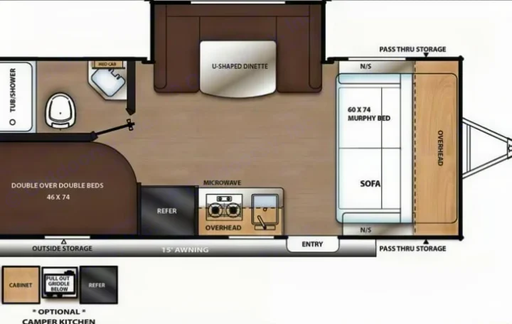 Detailed RV rental floor plan with Murphy bed, bunk beds, U-shaped dinette, kitchen, and bathroom.. Coachmen Catalina Summit 2022