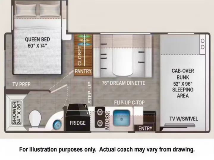 RV rental floor plan: queen bed, dinette, kitchen, bath, and cab-over bunk shown.. Thor Chateau 2025
