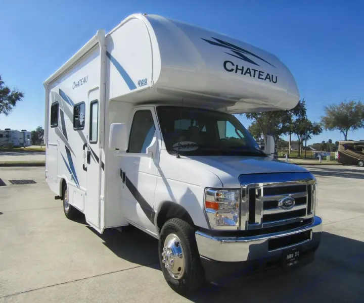 This white Chateau Class C RV rental, built on a Ford E-Series chassis, is ready for adventure.. Thor Chateau 2025