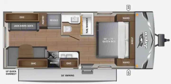 Jayco RV rental floor plan: queen bed, kitchen, bath (tub/shower), jack-knife sofa, and dinette layout.. Jayco Jay Flight SLX 2025