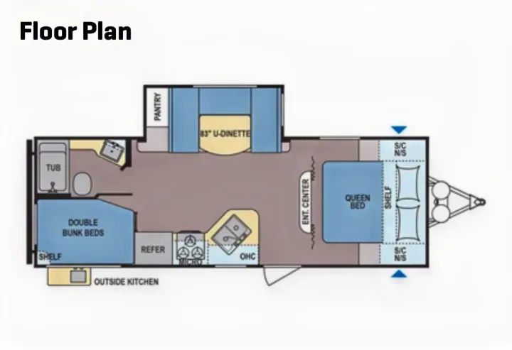 RV rental floor plan for a travel trailer, featuring a queen bed, bunk beds, kitchen, bathroom, and dinette.. Dutchmen Coleman Lantern 2020
