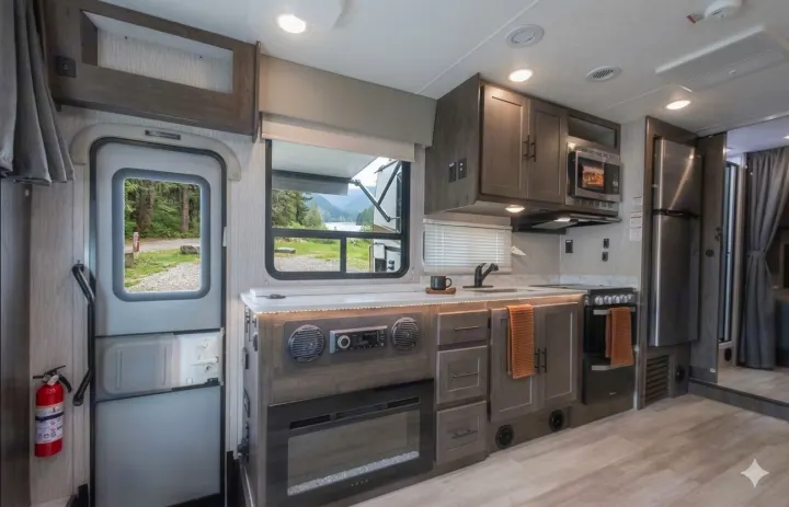 Modern RV rental kitchen and living area, complete with appliances, scenic outdoor views, and cozy comforts for travel.. Coachmen Leprechaun 2022