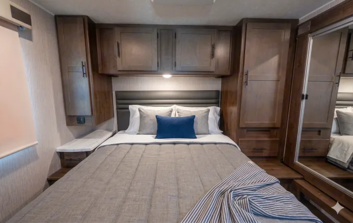This comfortable RV rental bedroom features a gray bed with blue accents, wood storage cabinets, and a mirror, perfect for travelers.. Coachmen Leprechaun 2022