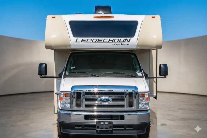 Front view of a white Coachmen Leprechaun Class C RV rental on a Ford chassis under a blue sky, ready for adventure.. Coachmen Leprechaun 2022