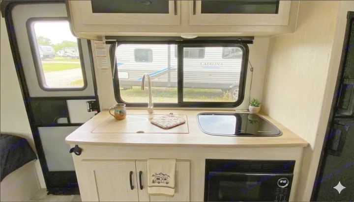 Compact RV rental kitchen with sink, cooktop, microwave, and cabinets. Enjoy campground views from this modern travel trailer.. Coachmen Apex Nano 2023