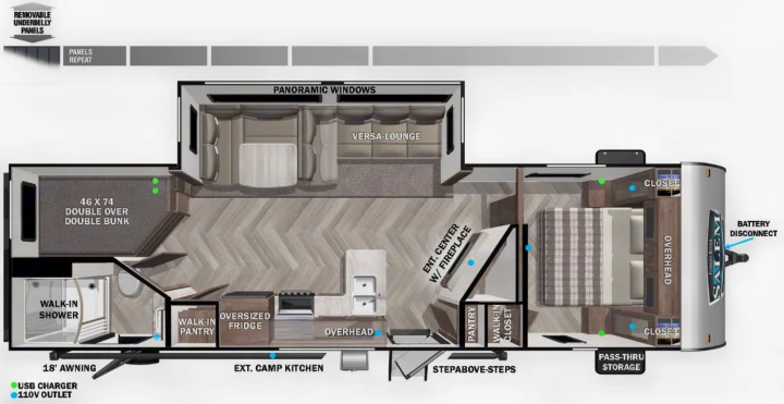 Comprehensive RV rental floor plan showing double bunks, walk-in shower, full kitchen, versa-lounge, and master suite.. Forest River Salem 2022