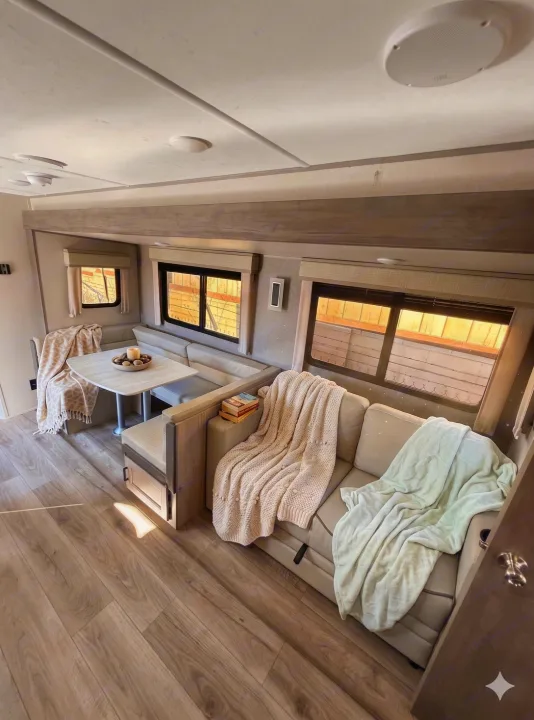 Bright rv rental living area featuring a light-colored dinette, comfy sofa with blankets, & wood-look floor.. Coachmen Catalina Legacy Edition 2025