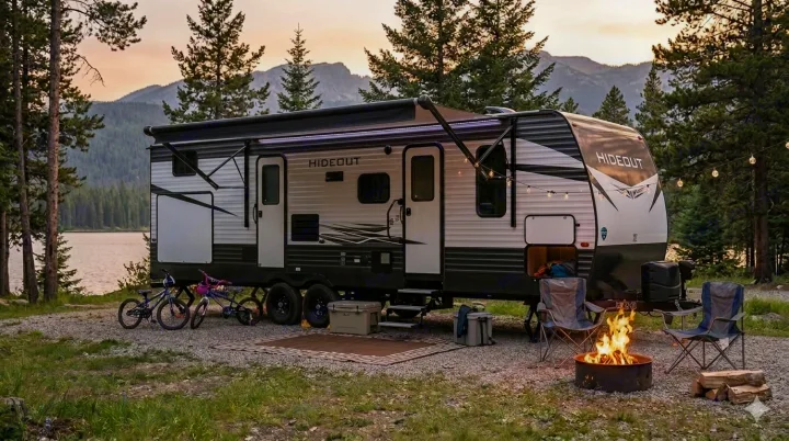 An RV rental travel trailer is parked by a scenic lake with mountains, surrounded by trees, a campfire, chairs, and bikes.. Keystone RV Hideout Luxury 2021