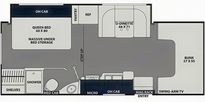 Detailed RV rental floor plan shows a queen bed, U-dinette, bunk, kitchen, bath, and storage for your journey.. Forest River Coachmen Freelander 2023