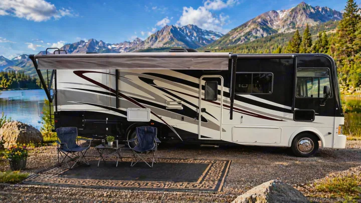 Spacious RV rental with extended awning, chairs, and rug, parked by a scenic mountain lake for ultimate camping.. Coachmen Pursuit 2014