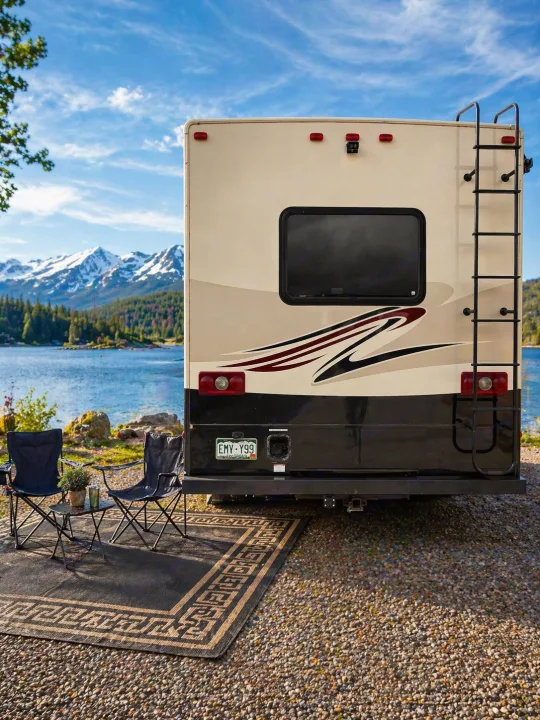 Lakeside RV rental getaway: a camper parked facing scenic mountains across a lake, with outdoor chairs & rug for relaxation.. Coachmen Pursuit 2014