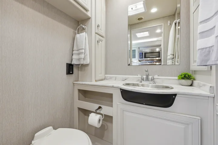 RV rental bathroom: A compact space with a white vanity, a distinctive black-fronted sink, toilet, and mirror.. Fleetwood Fortis 2021