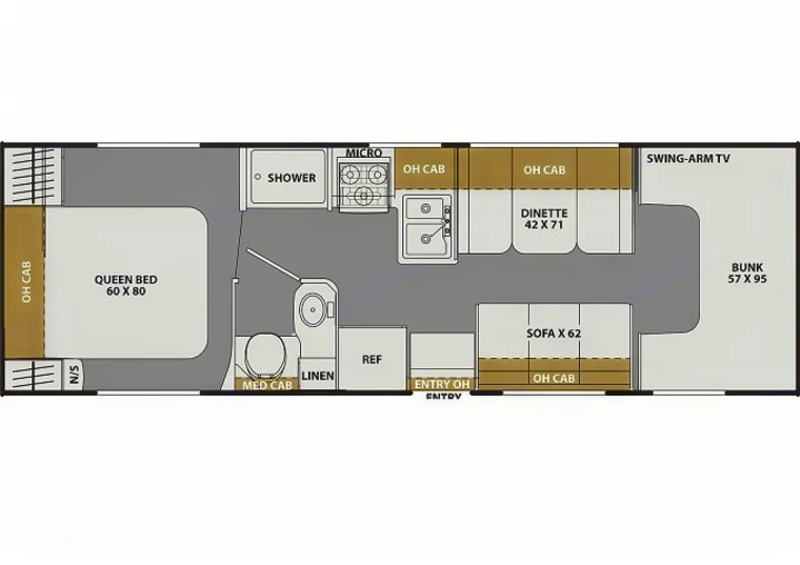RV rental floor plan: A detailed layout showing queen bed, dinette, sofa, bunk, kitchen, and bathroom. Perfect for road trips.. Coachmen Freelander 2022
