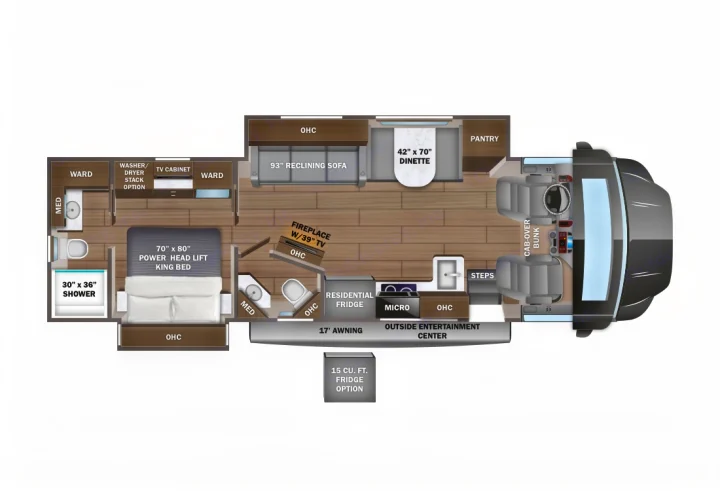 RV rental floor plan: Spacious interior with king bed, two bathrooms, kitchen, living area with sofa & dinette, and cab-over bunk.. Entegra Coach Accolade 2025