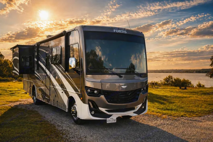 Luxury RV rental by a tranquil lake at sunset, showcasing its sleek design and open slide-out for camping.. Fleetwood Fortis 2021