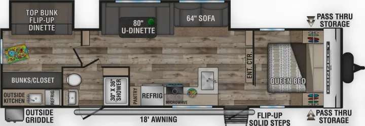 This RV rental floor plan details a travel trailer with a queen bed, bunks, U-dinette, kitchen, and shower.. KZ Connect SE 2021