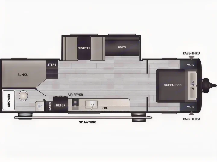 RV rental floor plan: This detailed layout features a queen bed, bunks, full kitchen, bath, dinette, and sofa. Great for family adventures.. Keystone RV Coleman Light 2025