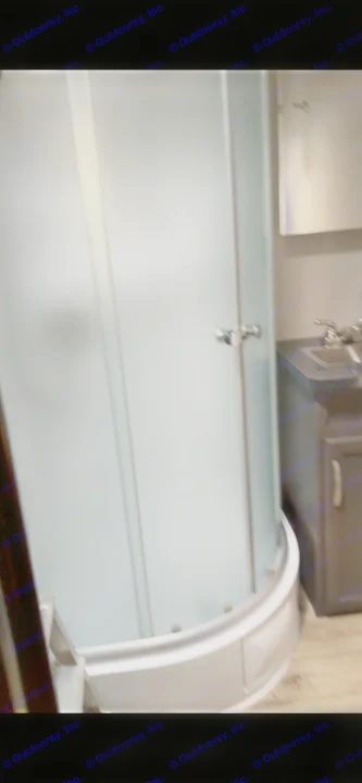 RV rental bathroom features a frosted glass shower with a curved base and a dark vanity with a sink.. Genesis Supreme Rv Genesis Supreme 2019