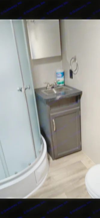 RV rental bathroom with curved shower, vanity, sink, and toilet. Cleaning wipes on counter, medicine cabinet above.. Genesis Supreme Rv Genesis Supreme 2019