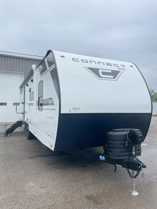 White and black Connect SE travel trailer, ideal for your next RV rental adventure.. KZ CONNECT 271BHSE 2026