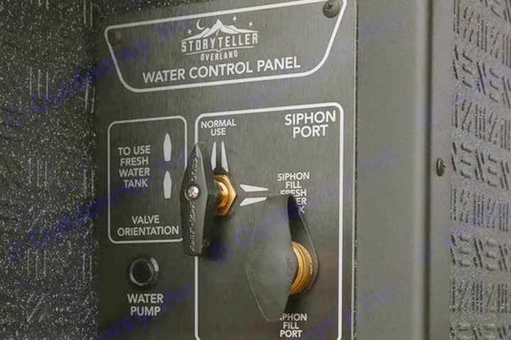 RV rental water control panel details options for fresh water tank use, normal flow, and siphoning via dual valve levers.. Mercedes Sprinter 2025