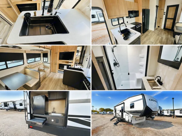 Modern RV rental interior: kitchen, living, bath. Exterior view with an outdoor kitchen. Ready for your next adventure!. Cruiser RV 32BH 2025