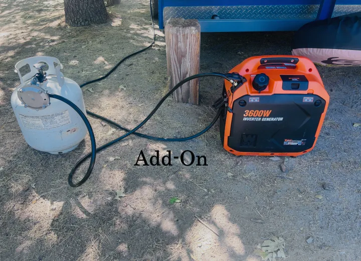 RV rental power setup: A propane tank supplies a WEN 3600W inverter generator, providing essential campsite electricity.. Forest River M-17 2005