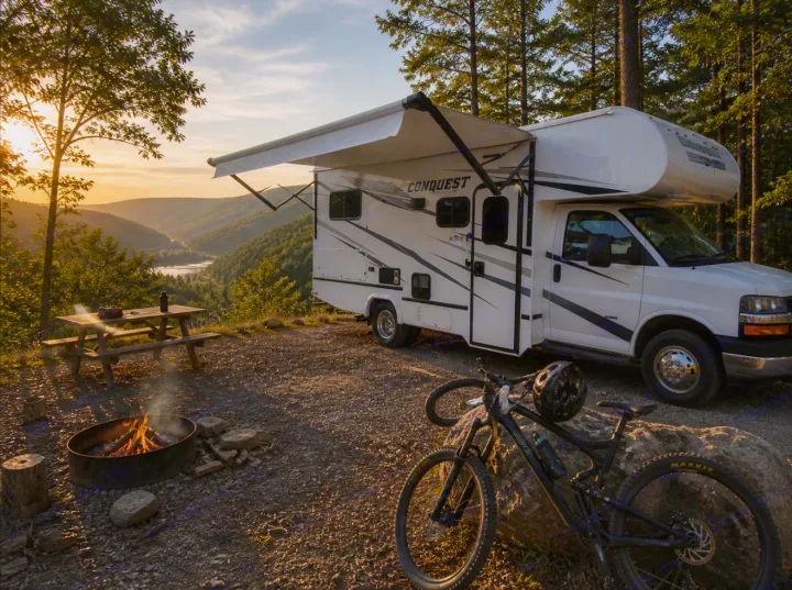 RV rental ready for scenic mountain camping! Features a campfire, picnic table, and mountain bike at sunset.. Gulf Stream Conquest 2024