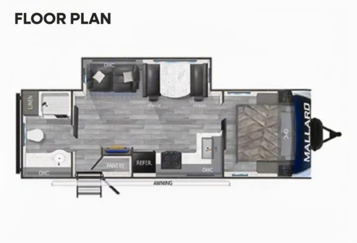 RV rental floor plan: Overhead view of a travel trailer's interior, showing bedroom, kitchen, bathroom, and living areas.. Heartland RVs Mallard 2023