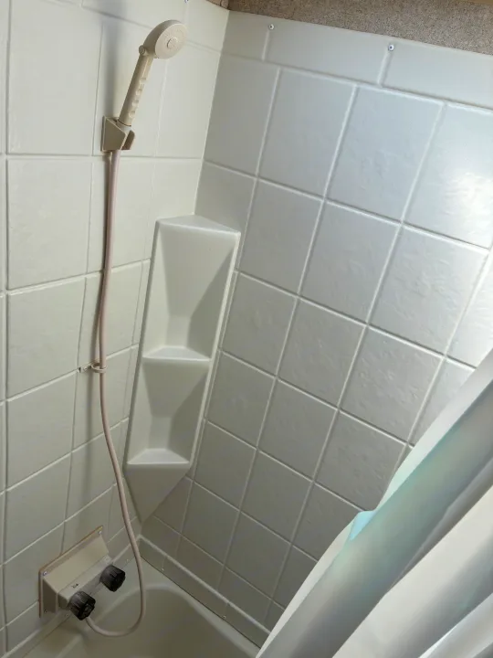 This image captures a clean and functional RV rental shower, featuring white tiled walls, a handheld showerhead, built-in shelves, and controls.. Coachmen Catalina Sumit Series 2019