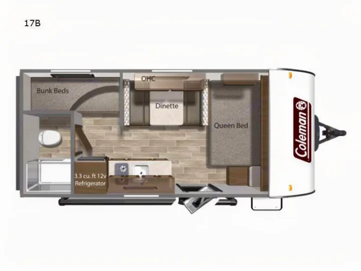 RV rental: Coleman 17B travel trailer floor plan. Top-down view showing queen bed, bunk beds, dinette, kitchen, and bath.. Dutchmen Coleman Lantern LT 2022