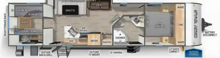 RV rental floor plan: Detailed Grey Wolf layout showing bunk beds, king bed, kitchen, bath, dinette & exterior amenities.. Forest River Cherokee Grey Wolf 2025