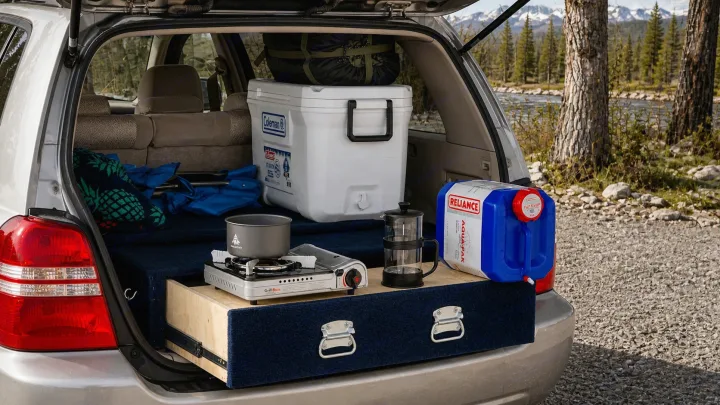 Compact car camping setup in an SUV tailgate: cooler, stove, coffee, & storage by a river. Perfect for RV rental adventurers.. Toyota Highlander 2003