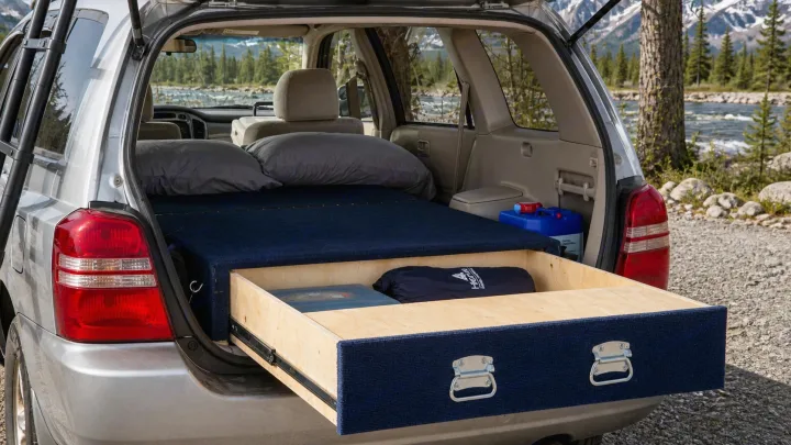 Car transformed into a cozy camper with a bed, storage drawer, and camping gear for an RV rental adventure, set by a scenic river.. Toyota Highlander 2003