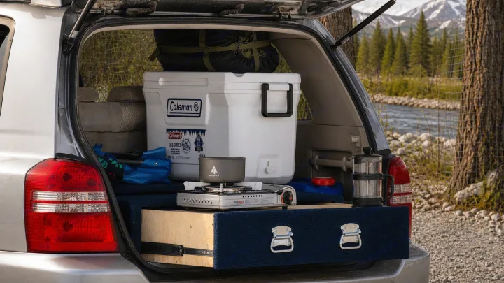 RV rental ready! Back of SUV reveals car camping setup: cooler, stove, coffee maker, custom storage. Nature view.. Toyota Highlander 2003