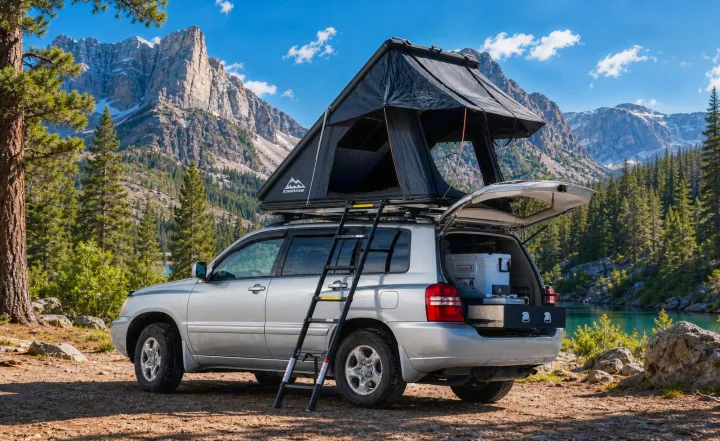 Adventure-ready SUV with rooftop tent & pull-out kitchen by a mountain lake. Perfect for your next RV rental getaway.. Toyota Highlander 2003