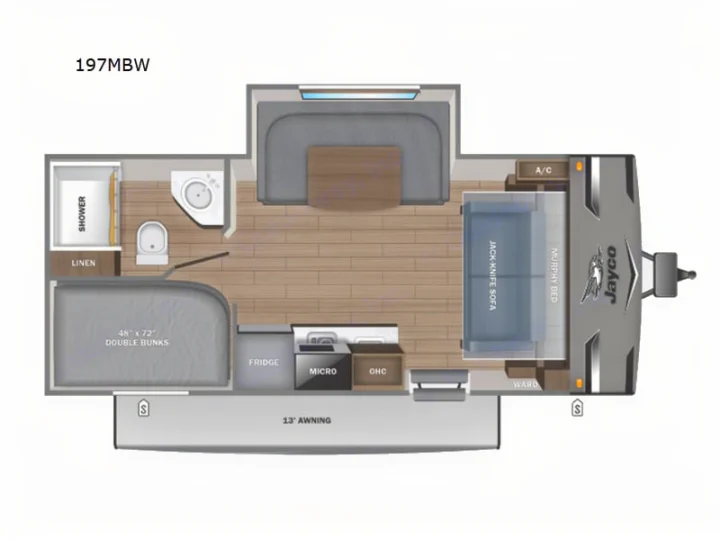 This rv rental floor plan shows the Jayco 197MBW, featuring double bunks, a Murphy bed, kitchen, bath, and 13' awning layout.. Jayco Jay Flight SLX Baja Edition 2025