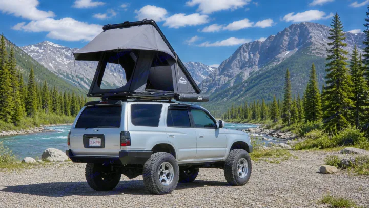 Off-road SUV with rooftop tent for your RV rental adventure, parked by a river in the mountains.. Toyota 4runner 2001