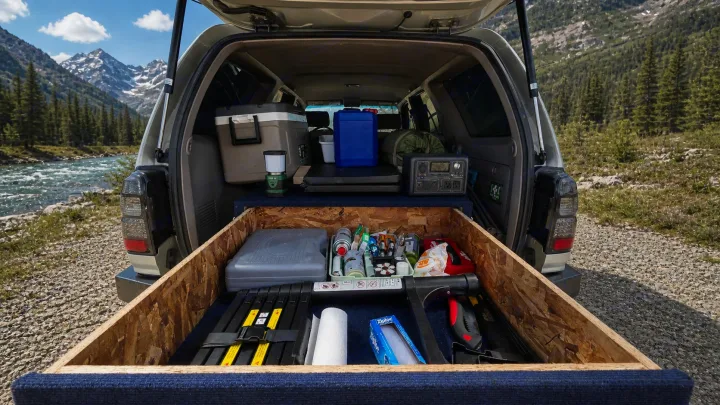 SUV equipped for an RV rental-like trip: Trunk holds camping gear, power, cooler. Scenic mountains & river background.. Toyota 4runner 2001