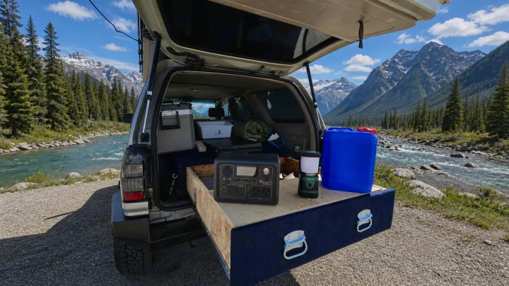 Explore with this camping rig! RV rental-ready setup with power station & gear by a stunning mountain river and forest.. Toyota 4runner 2001