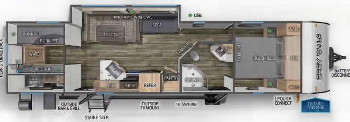 RV rental floor plan: This family travel trailer features queen, bunk, and double beds, a full kitchen, dinette, sofa, and bathroom.. Forest River Cherokee Grey Wolf 2022