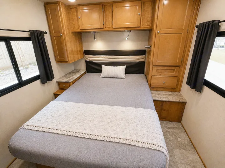 Spacious RV rental bedroom featuring a comfortable grey bed, light wood cabinetry, and large windows with dark curtains.. Forest River Coachmen Leprechaun 2020