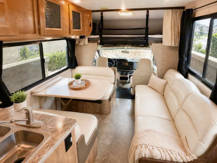 Spacious RV rental interior featuring a kitchen, dinette, plush couch, and bunk bed. Ideal for family road trips.. Forest River Coachmen Leprechaun 2020
