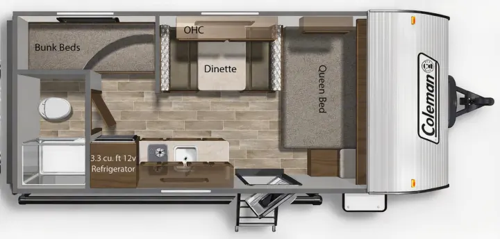 This RV rental floor plan displays a Coleman travel trailer's interior layout, featuring a queen bed, bunk beds, dinette, kitchen, and bath.. Dutchmen Coleman Lantern 17B 2024