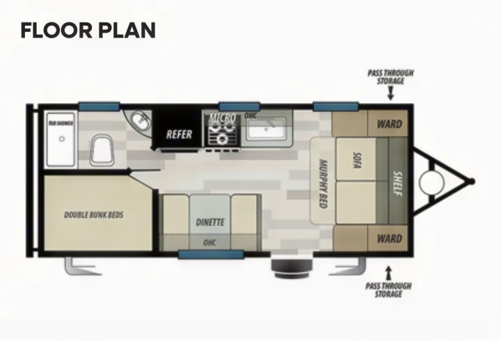 This RV rental floor plan shows a travel trailer layout with bunk beds, Murphy bed, dinette, kitchen, and bathroom.. Forest River Salem Select 2021