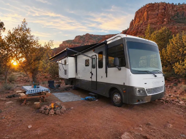 Experience nature with an RV rental! A motorhome is set up at a desert campsite with a campfire, picnic table, & red rocks at sunset.. Forest River Coachmen 2012
